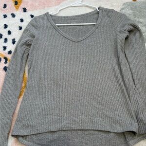 Gray Ribbed V-Neck Sweater